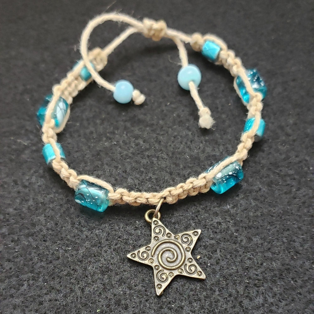 Handmade Hemp adjustable bracelet aqua star